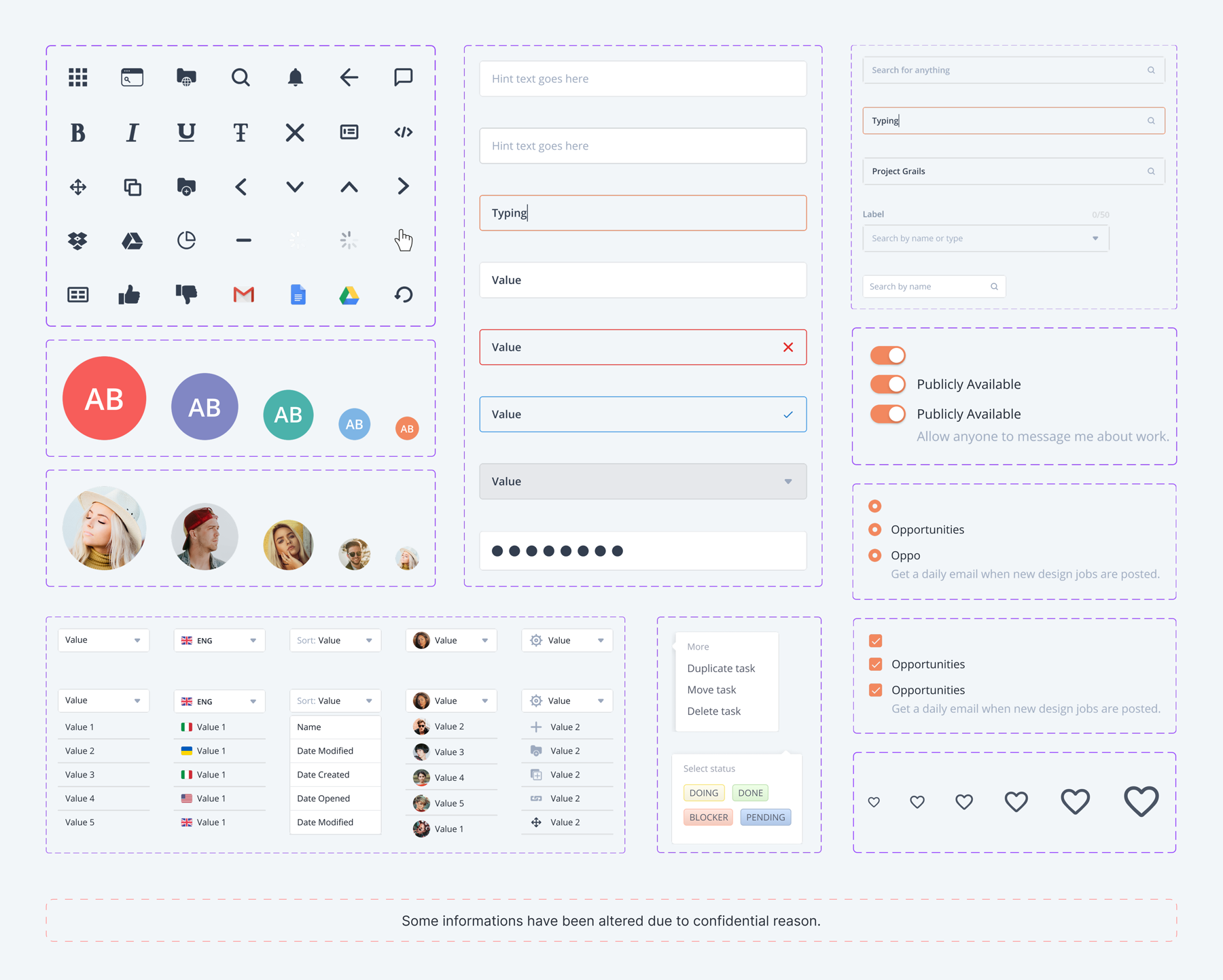 Tixio Design System — component overview showing icons, avatars, inputs, dropdowns, tables, toggles, tags, and notifications